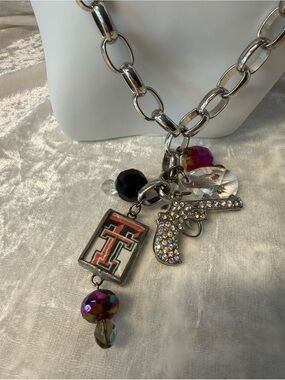 Chunky Texas Tech Silver Chain Charm Necklace with Crystal Pistol